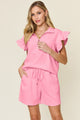 Double Take Full Size Texture Flounce Sleeve Top and Drawstring Shorts Set - Trandify Deal