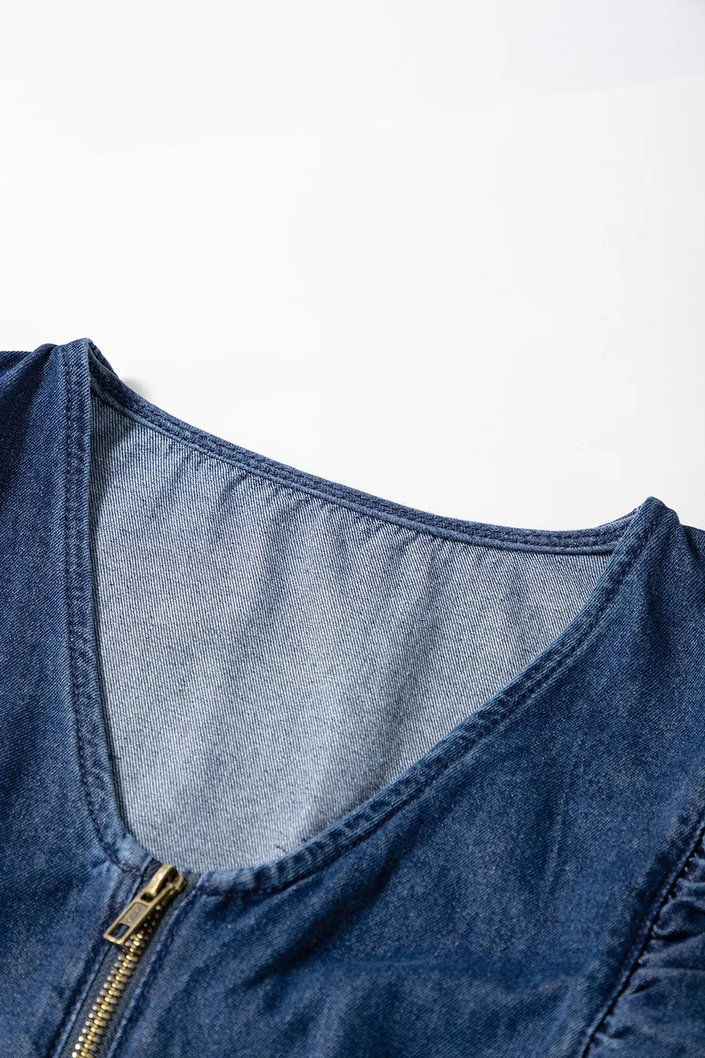 Women’s Blue Denim Romper with Ruffles & Zip Front – TrandifyDeal
