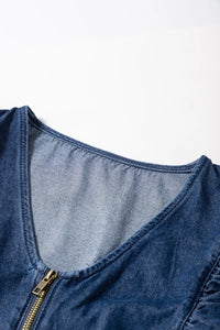 Women’s Blue Denim Romper with Ruffles & Zip Front – TrandifyDeal