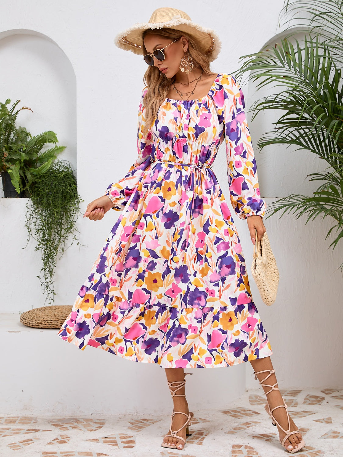 Printed Long Sleeve Midi Dress Trandify Deal