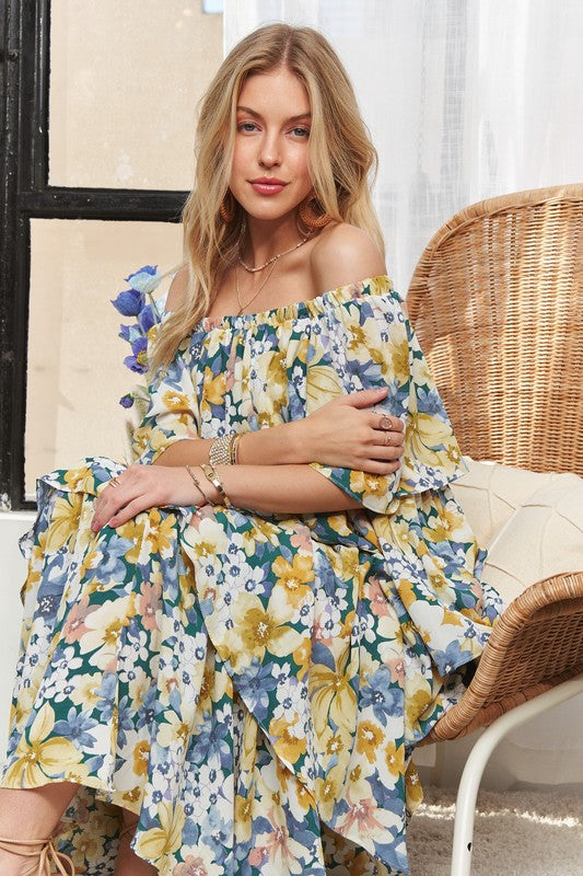 ADORA Layered Floral Off-Shoulder Short Sleeve Maxi Dress Trandify deal