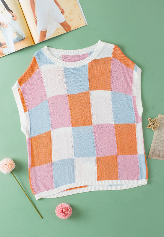 Contrast Plaid Round Neck Cap Sleeve Sweater Trandify Deal