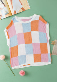 Contrast Plaid Round Neck Cap Sleeve Sweater Trandify Deal