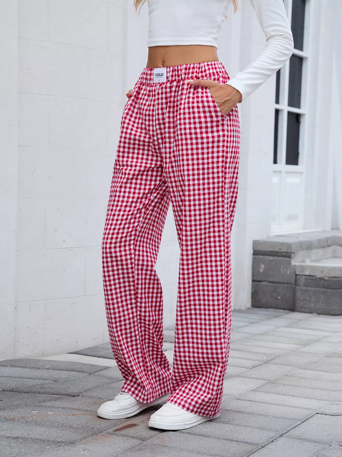 Women's Plaid Wide Leg Cotton Pants