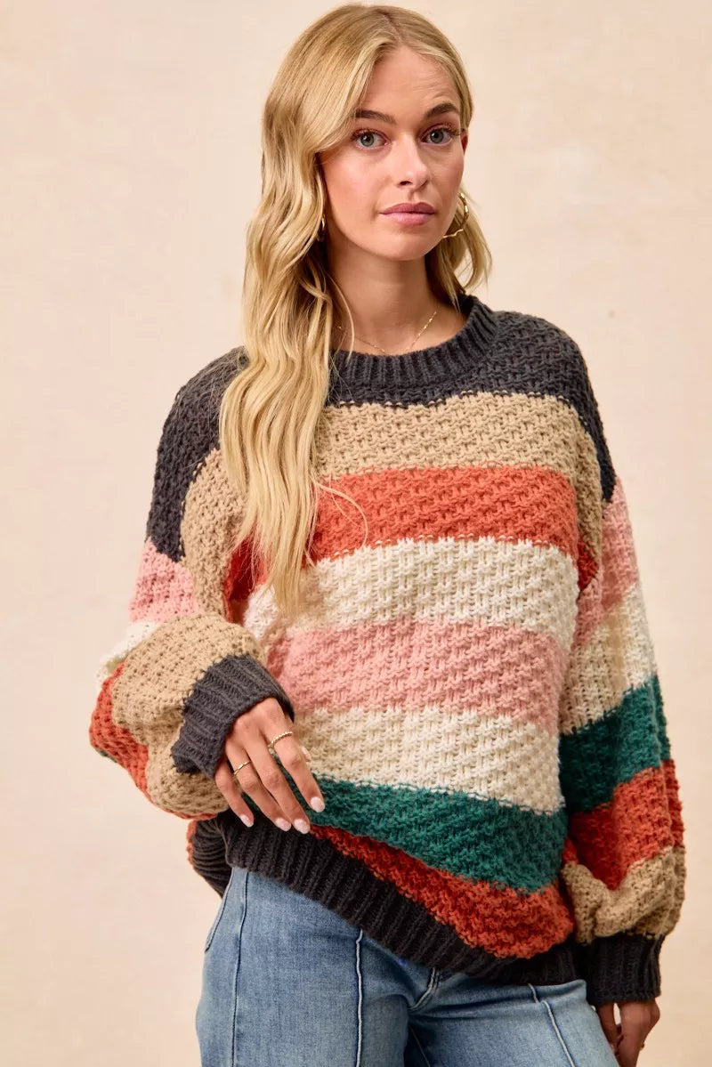Oversized Color Block Sweater for Women | Chunky Knit Fall Top
