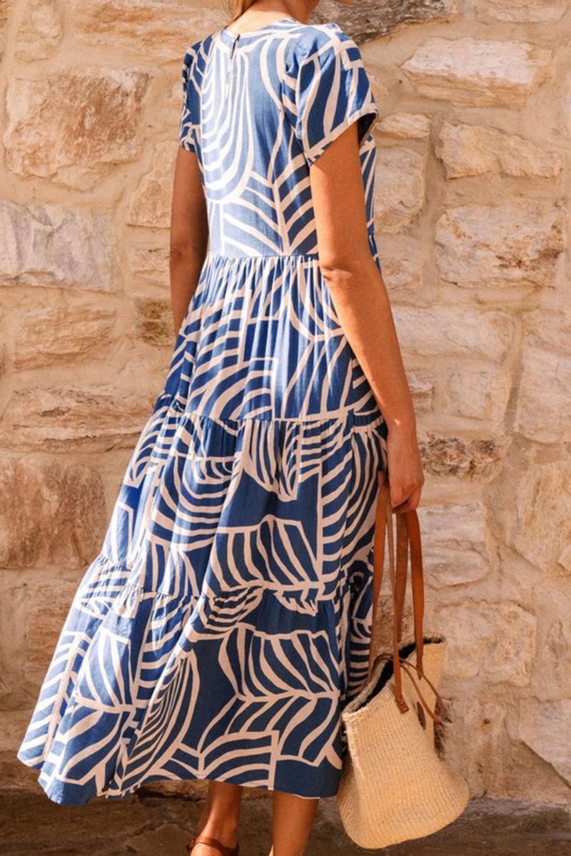 Tiered Printed Round Neck Short Sleeve Dress Trandify deal