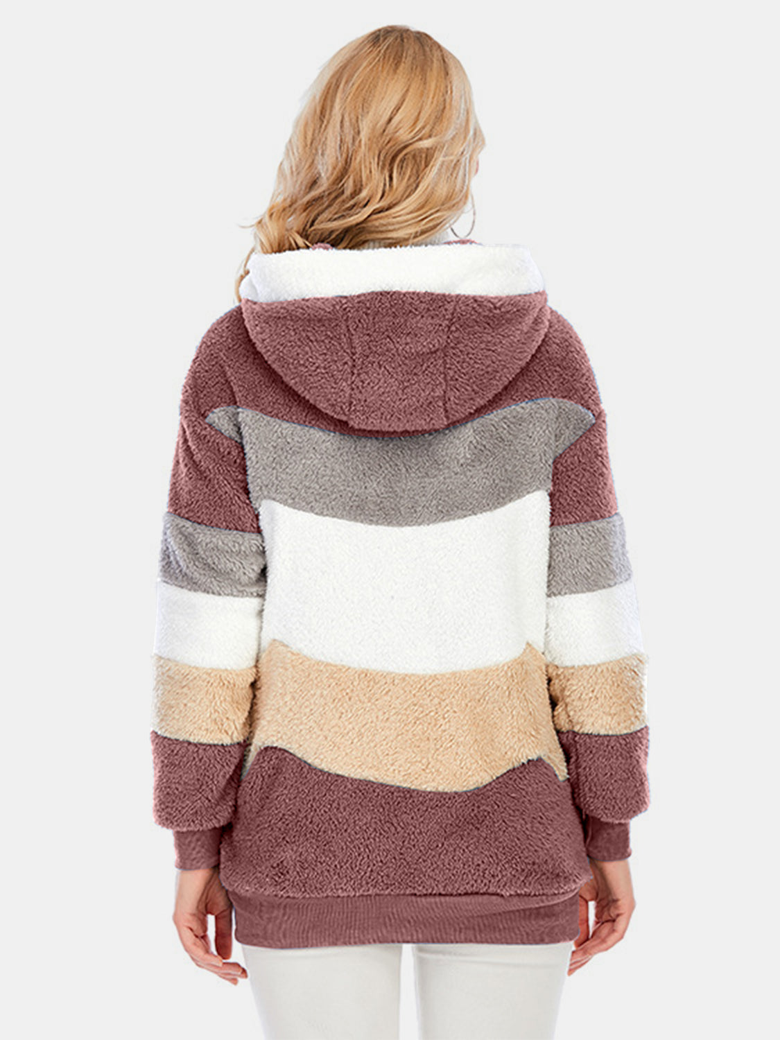 Full Size Drawstring Color Block Zip Up Hooded Outerwear Trandify Deal