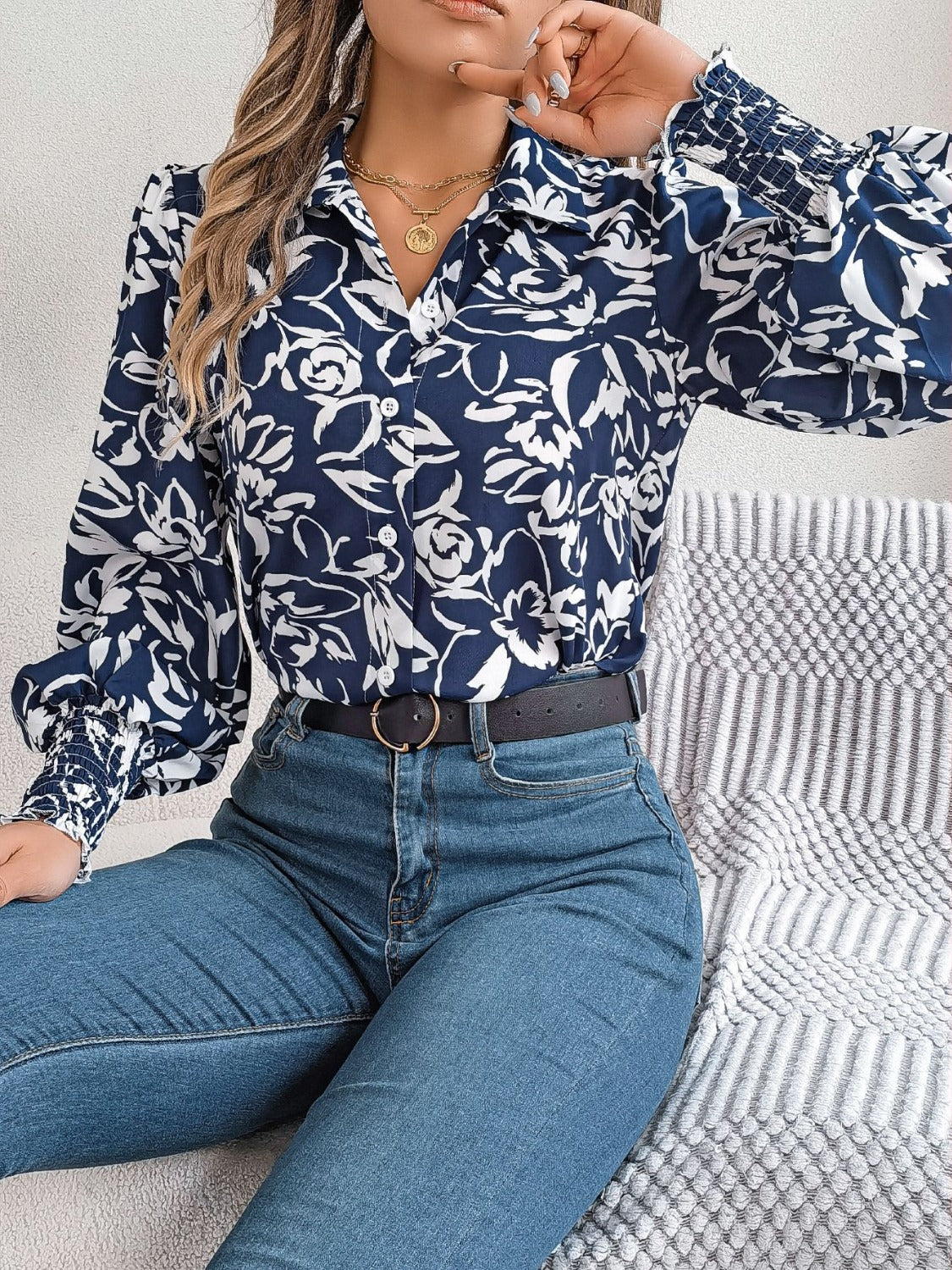 Printed Collared Neck Lantern Sleeve Shirt Trandify deal