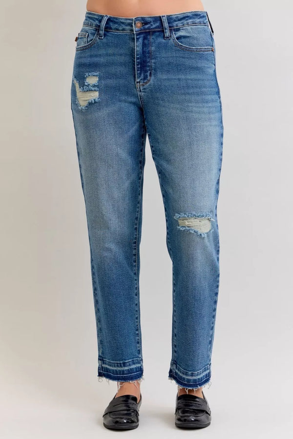 Women's Distressed Jeans | Mid Rise Patch & Repair Boyfriend Fit