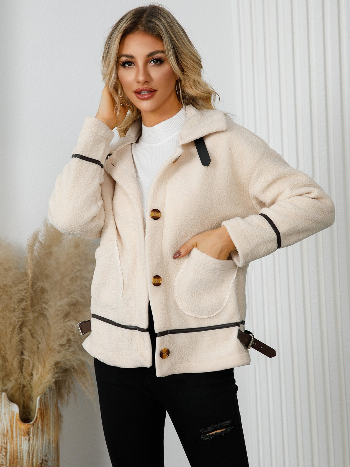 Pocketed Button Down Collared Neck Jacket Trandify Deal