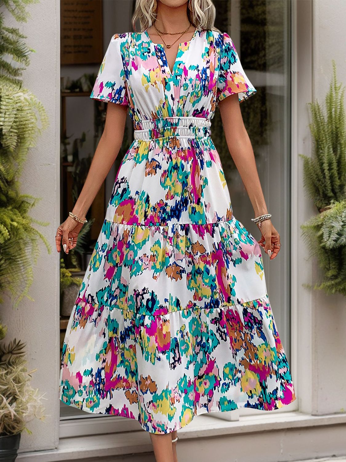 Perfee Printed Notched Short Sleeve Midi Dress Trandify deal