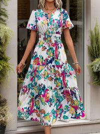 Perfee Printed Notched Short Sleeve Midi Dress Trandify deal