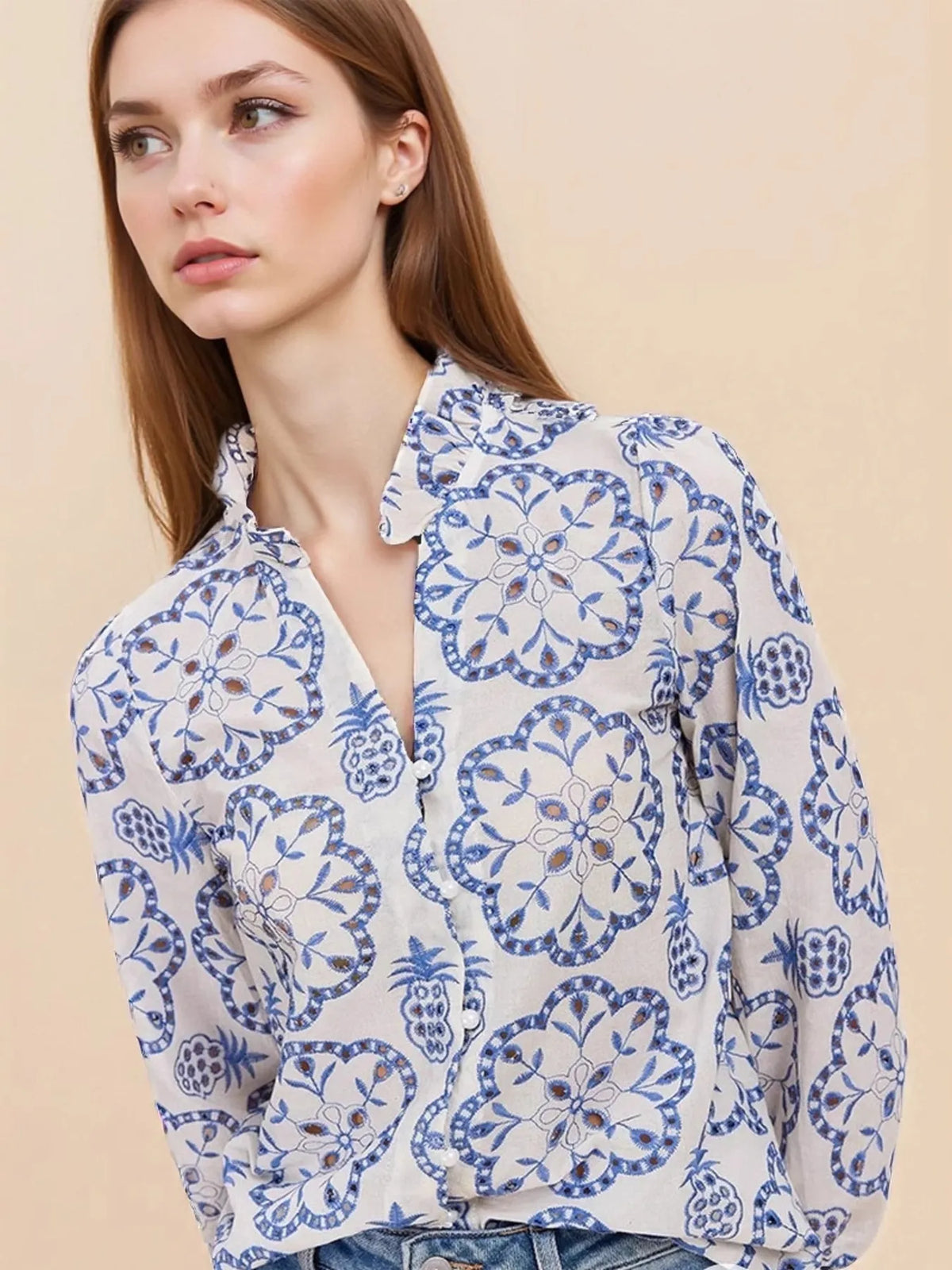 Boho chic eyelet embroidered long sleeve shirt for women – lace blouse casual outfit