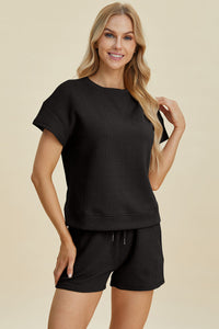 Double Take Full Size Texture Short Sleeve Top and Shorts Set Trandify deal