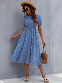Printed Round Neck Short Sleeve Midi Dress Trandify Deal