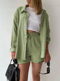 Texture Button Up Shirt and Drawstring Shorts Set Trandify deal