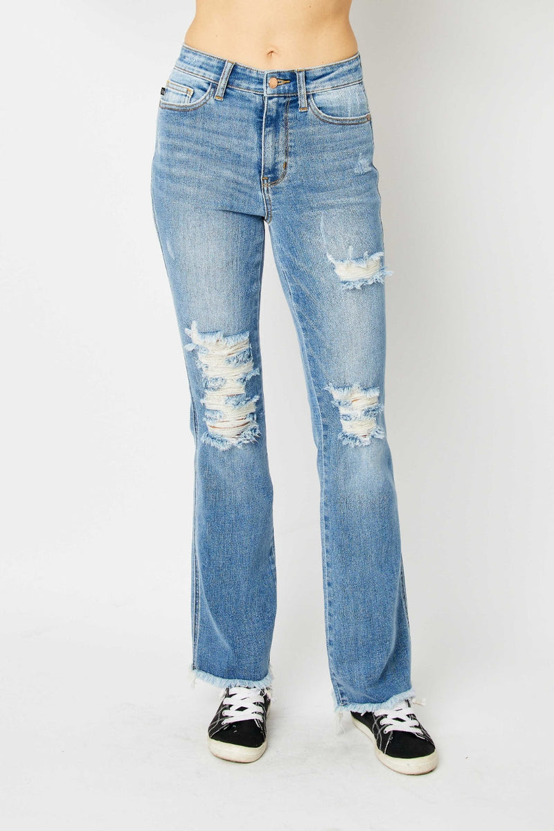 Judy Blue Full Size Distressed Raw Hem Bootcut Jeans Trandify deal