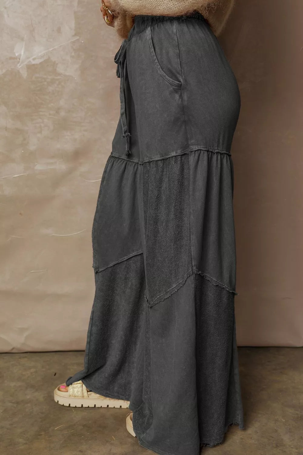Mineral Wash Wide Leg Pants - Tiered Boho Drawstring