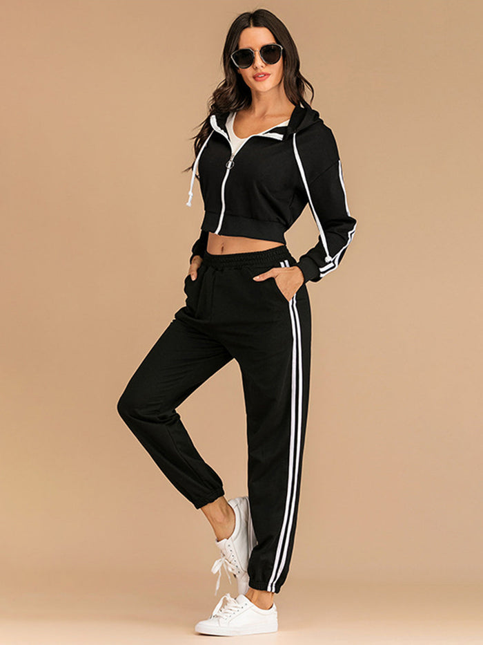 Perfee Drawstring Side Stripe Zip Up Hooded Top and Pants Set Trandify Deal
