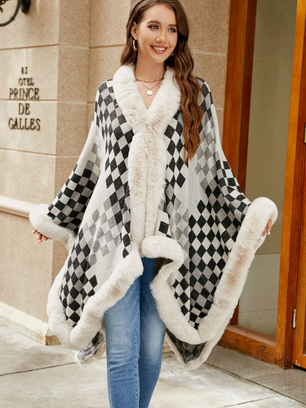 Checkered Faux Fur Trim Poncho - Stylish Winter Wear - TrandifyDeal