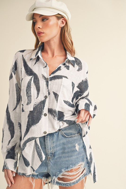 Women’s High-Low Printed Long Sleeve Shirt – Trendy Button-Up Blouse