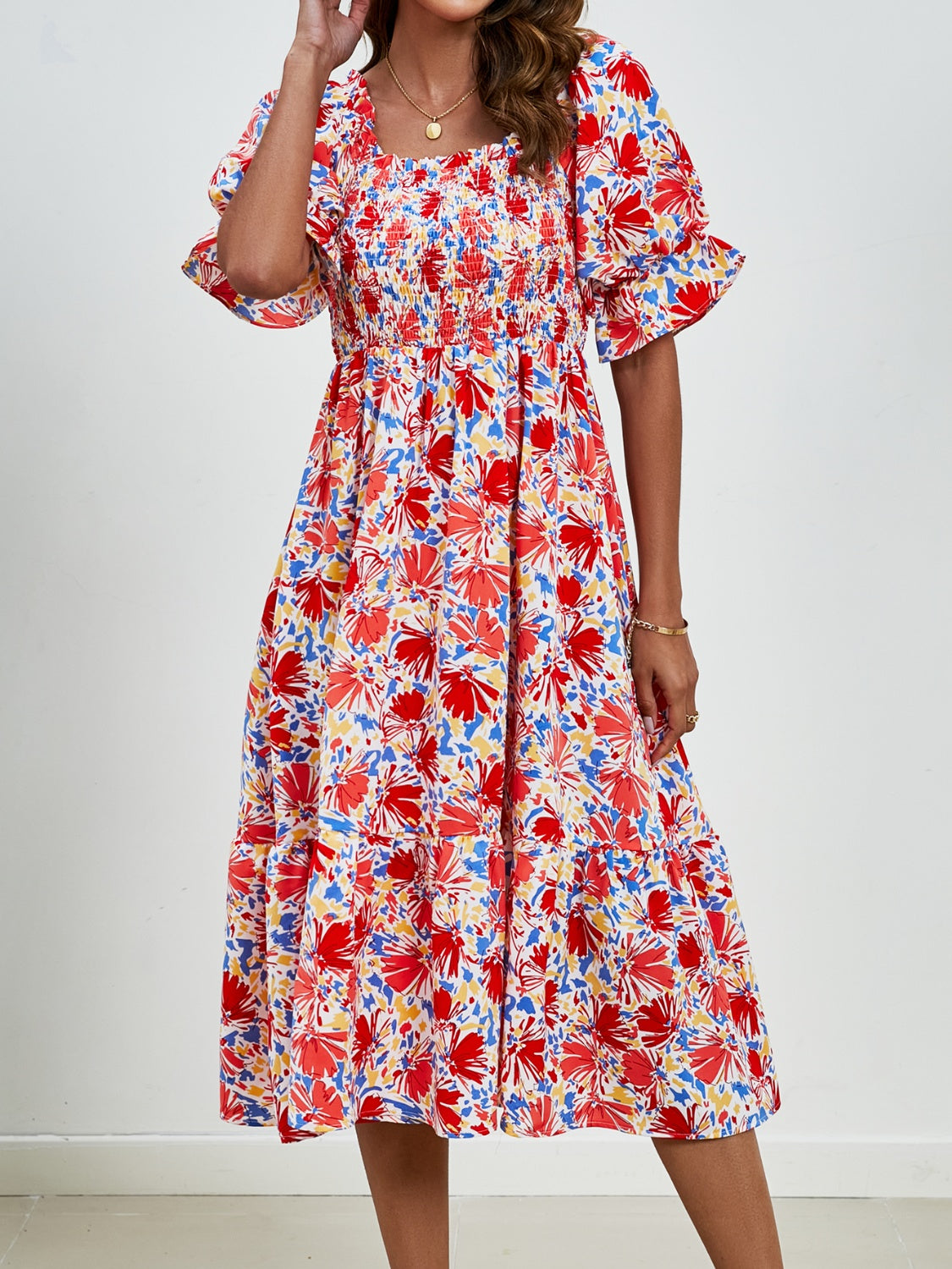 Smocked Floral Square Neck Short Sleeve Dress Trandify deal