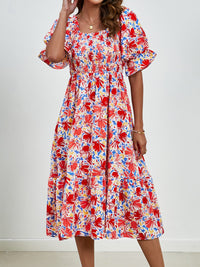 Smocked Floral Square Neck Short Sleeve Dress Trandify deal