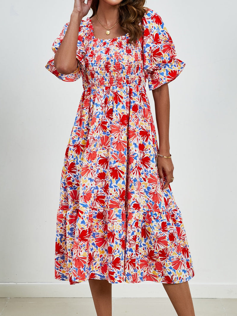 Smocked Floral Square Neck Short Sleeve Dress Trandify deal