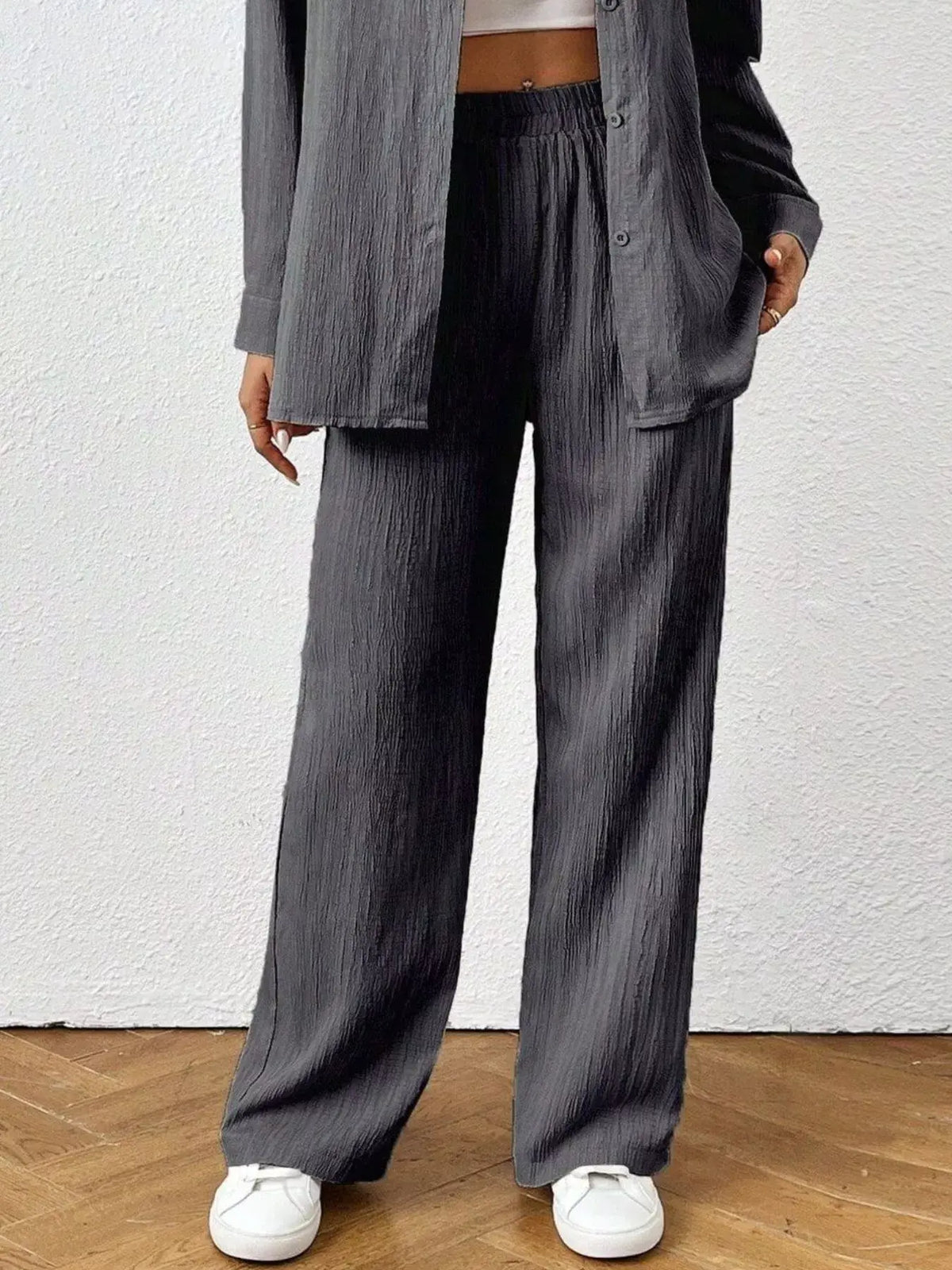 Women's Button Up Shirt and Pants Set in Dark Gray, casual office wear