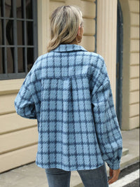 Plaid Collared Neck Long Sleeve Jacket Trandify Deal
