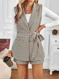 Women's black and white houndstooth double-breasted vest and shorts set outfit