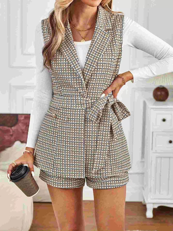 Women's black and white houndstooth double-breasted vest and shorts set outfit
