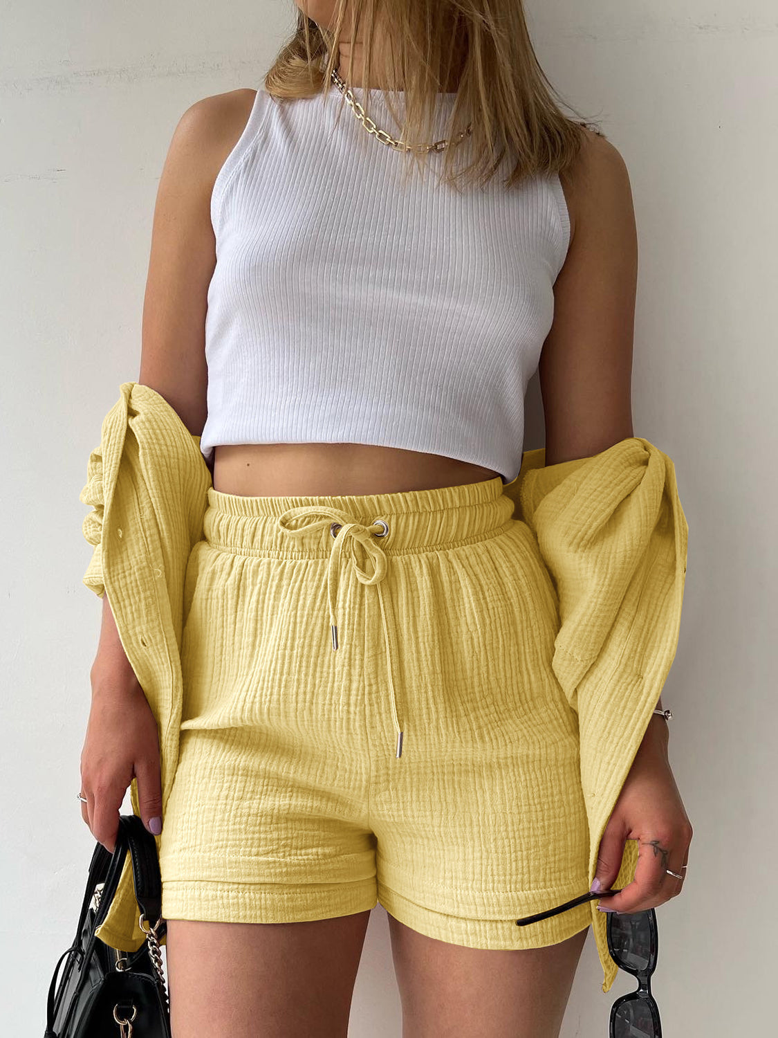 Texture Button Up Shirt and Drawstring Shorts Set Trandify deal