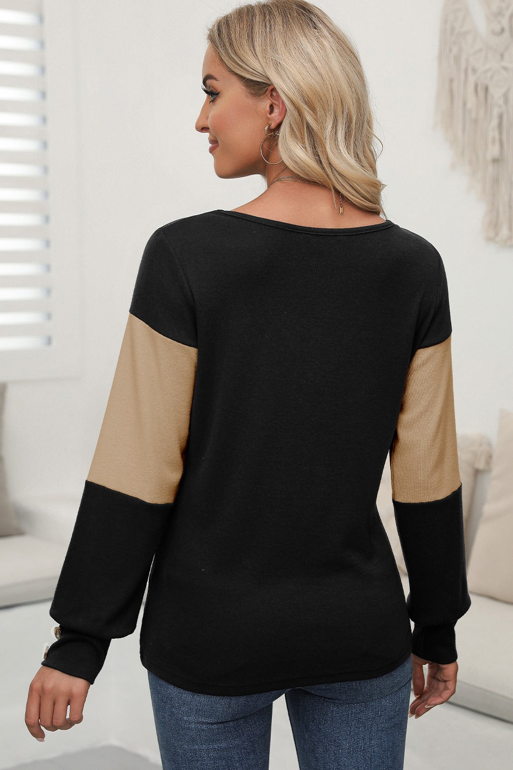 Color Block V-Neck Long Sleeve Top Trandify Deal