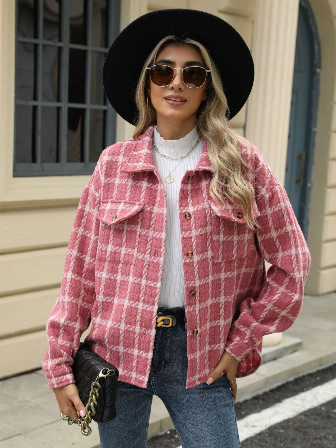 Plaid Collared Neck Long Sleeve Jacket Trandify Deal