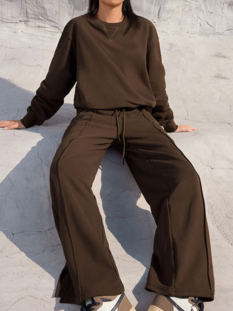 Round Neck Long Sleeve Top and Elastic Waist Pants Set Trandify Deal