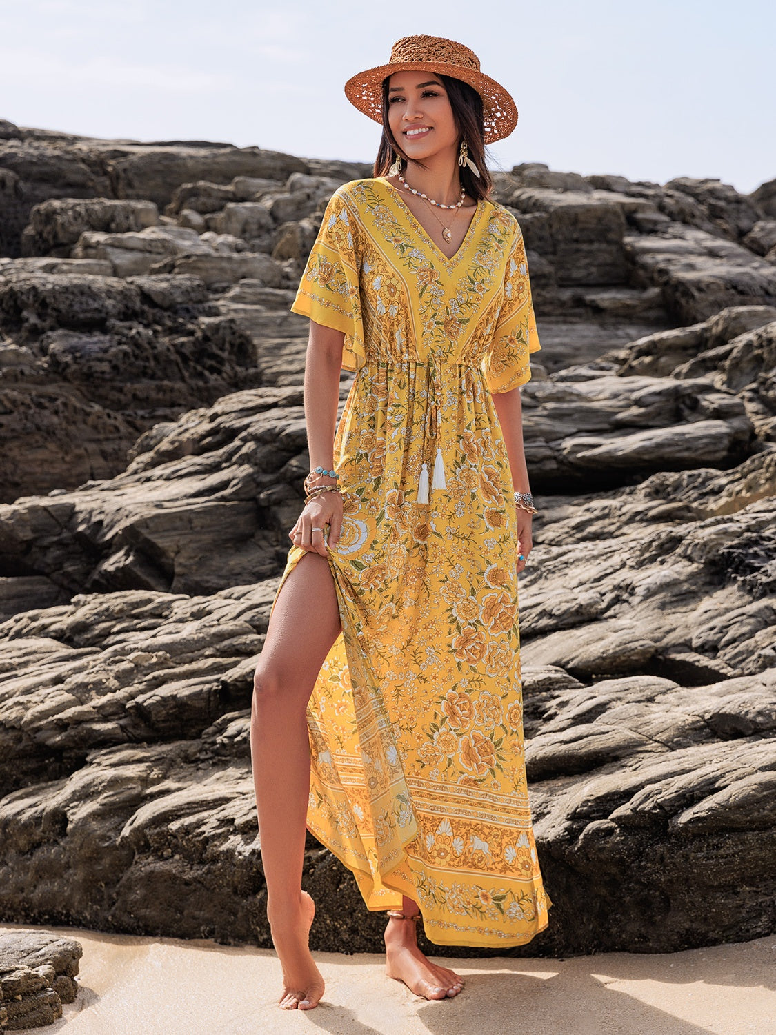 Drawstring Printed Plunge Half Sleeve Dress Trandify Deal
