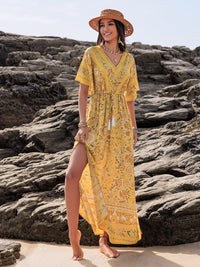Drawstring Printed Plunge Half Sleeve Dress Trandify Deal