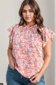 Plus Size Ruffled Floral Mock Neck Cap Sleeve Blouse Trandify deal