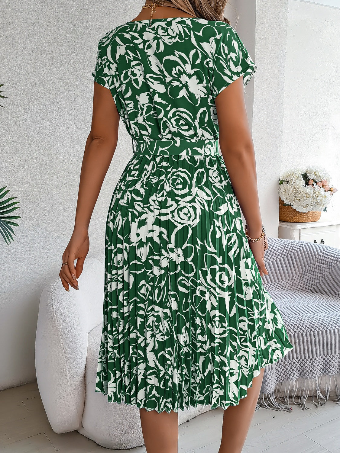Tied Pleated Printed Short Sleeve Dress Trandify deal