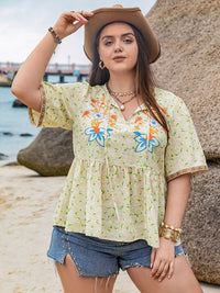 Plus Size Printed Tie Neck Half Sleeve Blouse Trandify deal