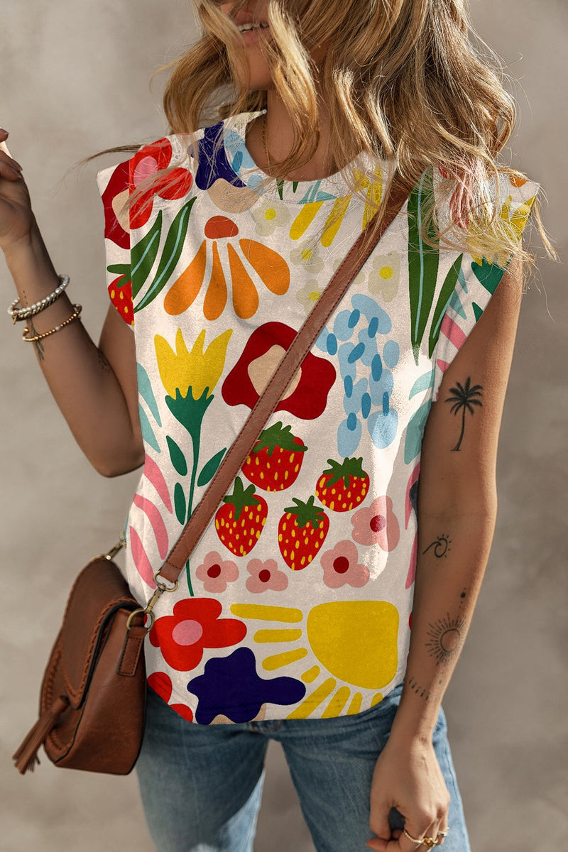 Printed Round Neck Cap Sleeve T-Shirt Trandify deal