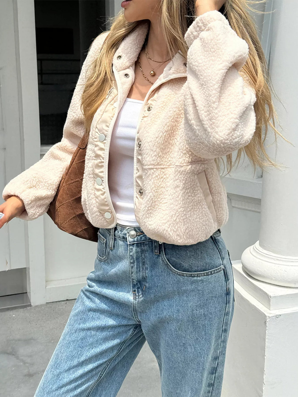 Women's Button Down Jacket - Beige Casual Shacket