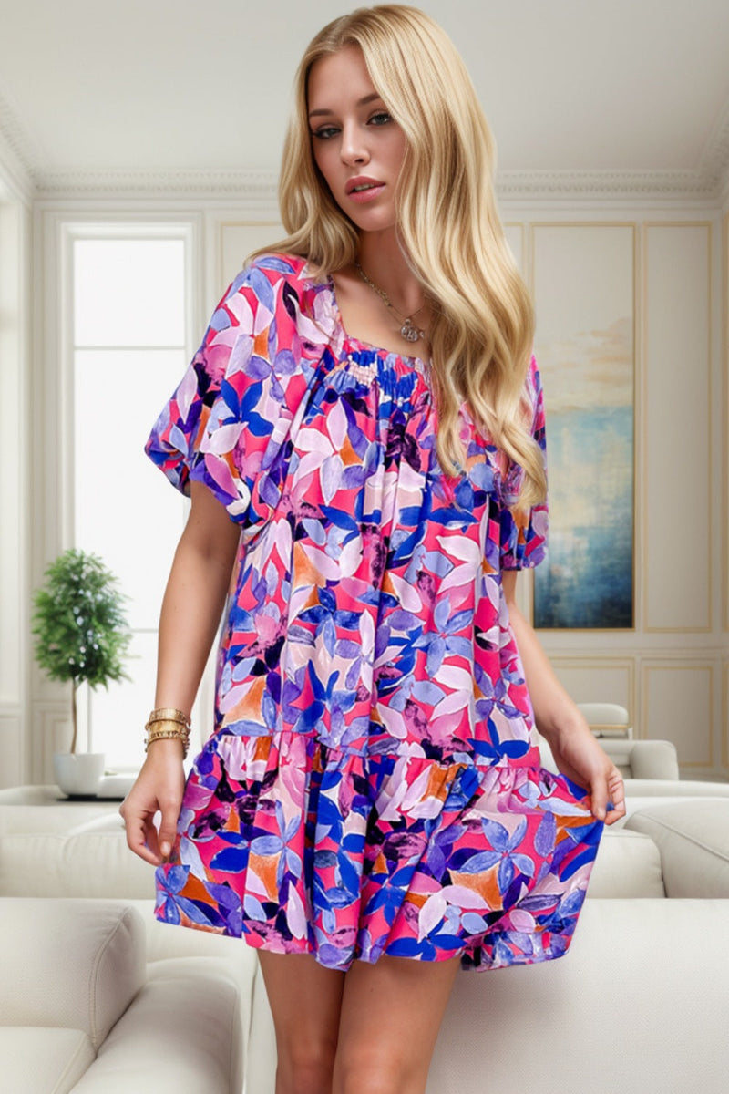 Printed Square Neck Short Sleeve Mini Dress Trandify deal