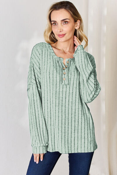 Basic Bae Full Size Ribbed Half Button Long Sleeve T-Shirt Trandify Deal