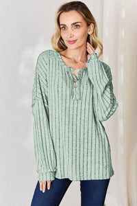Basic Bae Full Size Ribbed Half Button Long Sleeve T-Shirt Trandify Deal