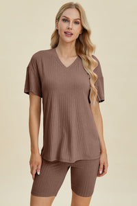 Basic Bae Full Size Ribbed V-Neck Short Sleeve Top and Shorts Set Trandify deal