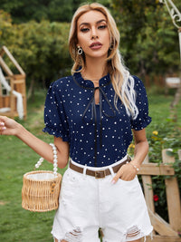 Heart Print Tie Neck Short Sleeve Blouse Trandify deal