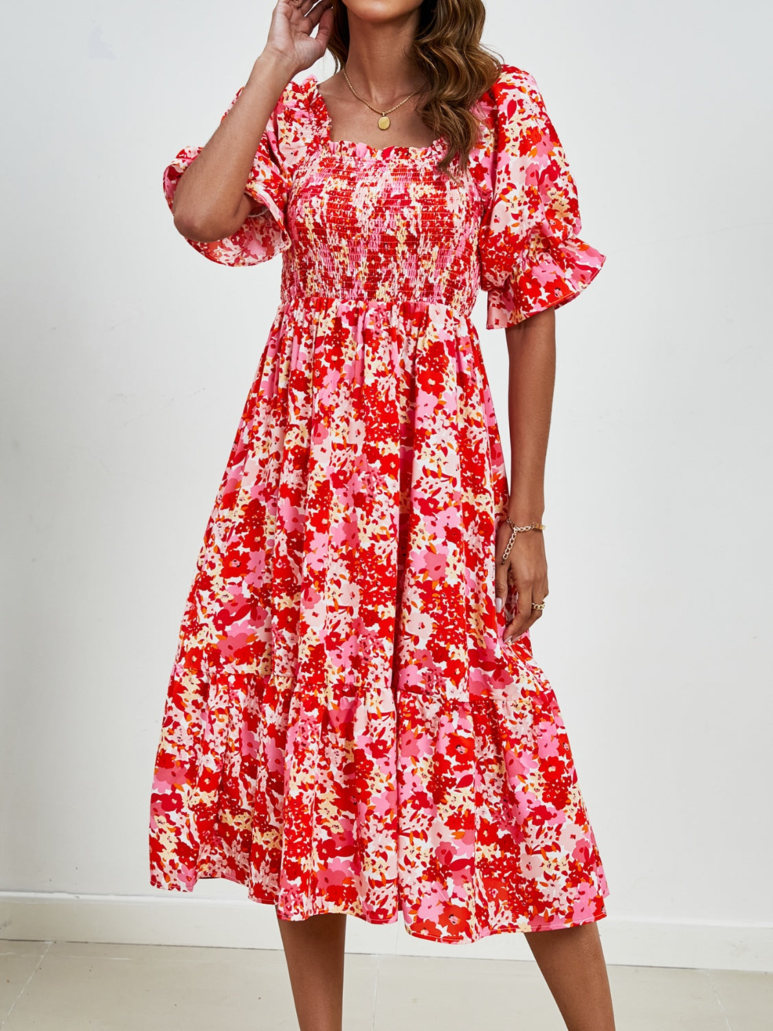 Smocked Floral Square Neck Short Sleeve Dress Trandify deal