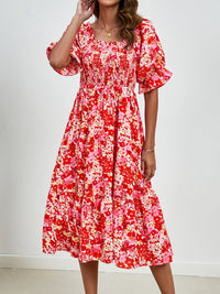 Smocked Floral Square Neck Short Sleeve Dress Trandify deal